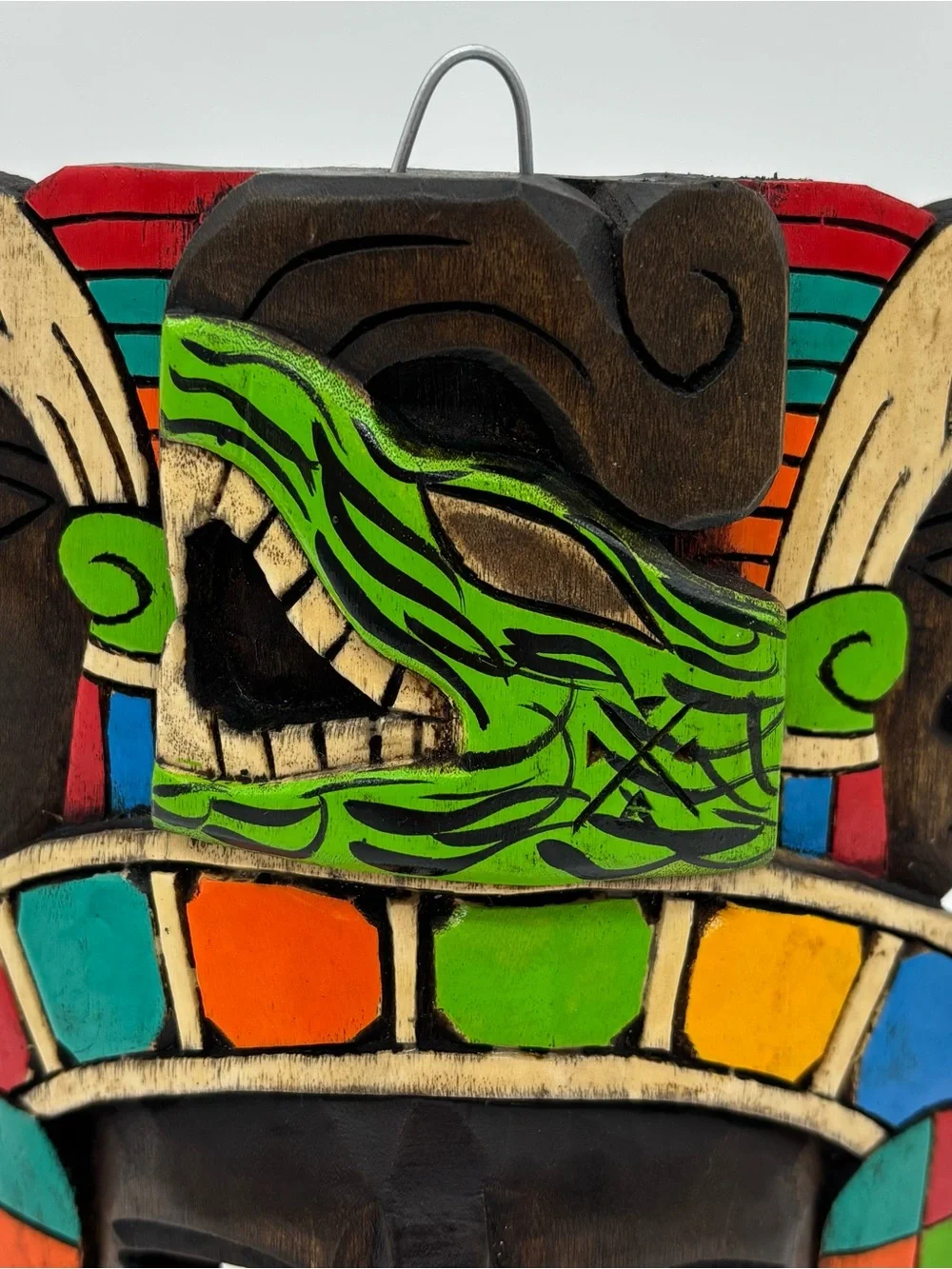 Hand Carved Wooden Mexican Mayan Face Mask Painted 3D Folk Art Wall Hanging Deco